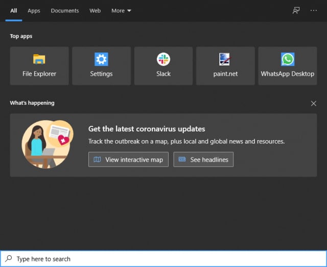 Coronavirus information in Windows 10 search